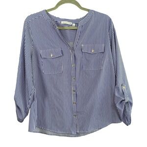 Notations Blouse Women's L Blue Striped Roll Tab Sleeve‎ Button Down Shirt
